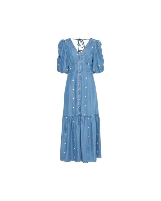 Rose & Nancy Blue Mila Denim Tencel Daisy Embroidered Midi Dress