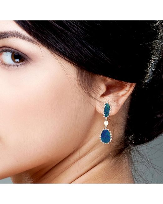 Artisan Blue Double Opal & Pearl Drop Earrings With Diamond Halo