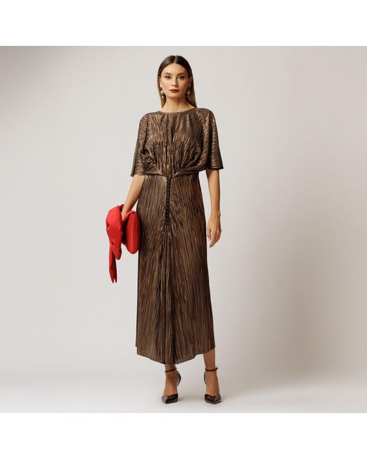 concept A trois Brown Golden Plisse Midi Dress With Closure With Staples