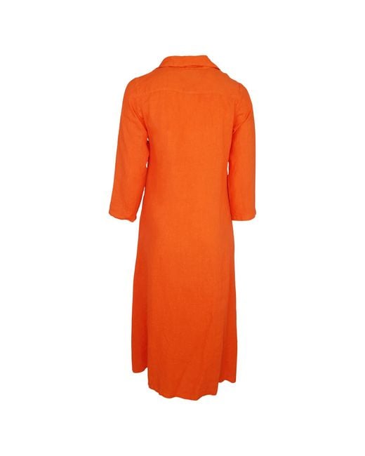 Haris Cotton Orange Maxi Linen Dress With Front Pleat And Lapels