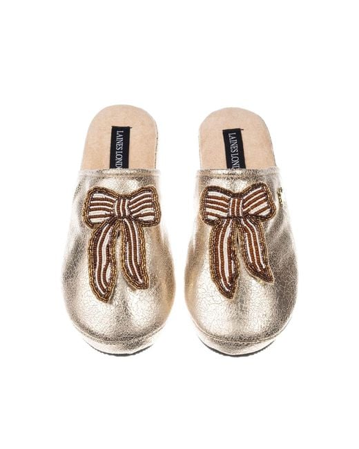 Laines London Natural Softie Slippers With & Pearl Beaded Stripe Bow Brooches