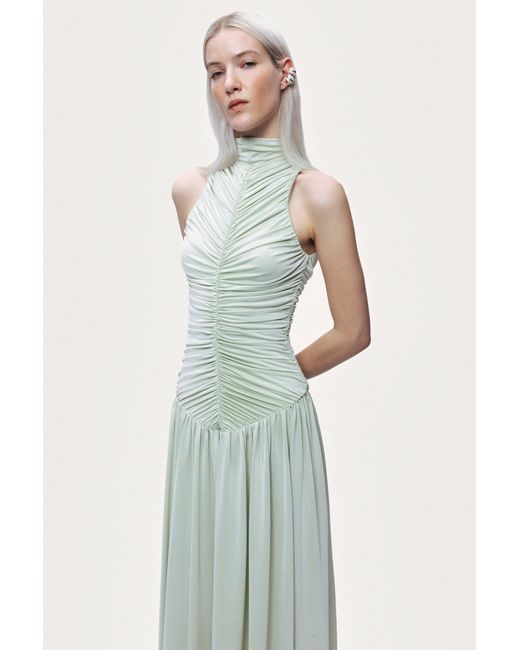 Nocturne Green Draped Stand Collar Maxi Dress