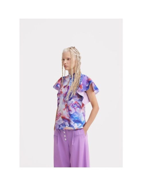 Julia Allert Blue Stand Collar Ruffle Sleeve Blouse – Fish Print