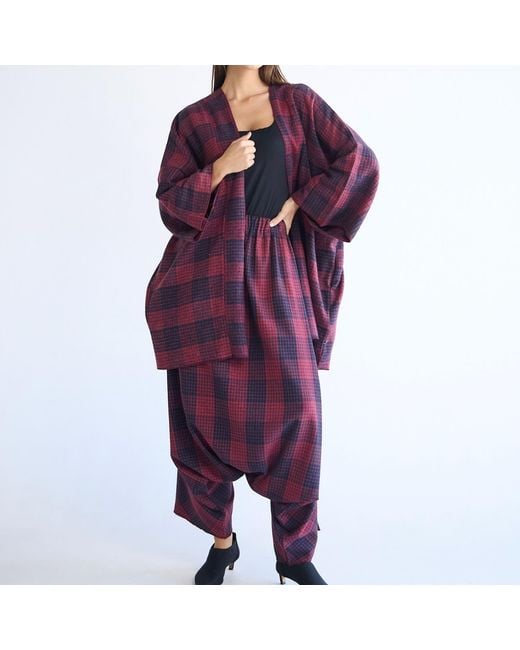 Emanmoon Red Burgundy Plaid Cardigan And Pants Set