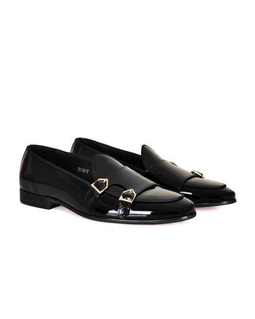 DAVID WEJ Black Lorenzo Patent Monk Strap Loafers for men