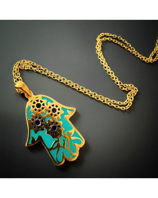 Ebru Jewelry Blue Good Vibes Enamel Hamsa Necklace Gold