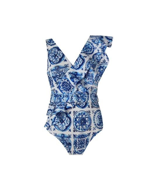 Nur Karaata Blue Lilac Bleu Blanc Swimsuit
