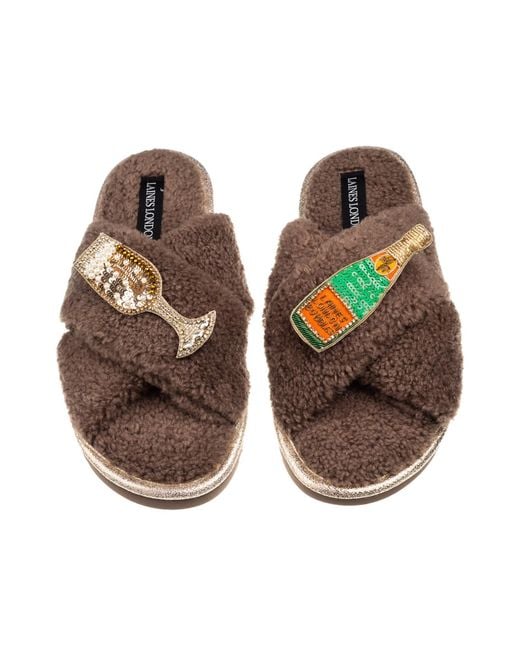 Laines London Brown Neutrals Laines Neutral Boucle Slippers With Laines Champers Brooches