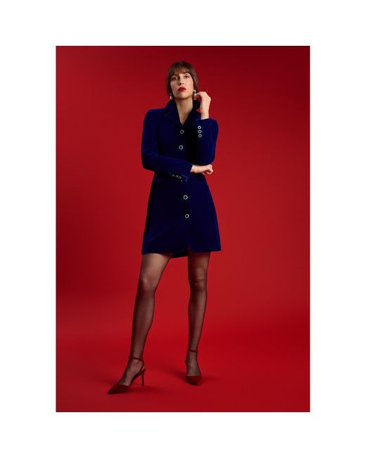 Femponiq Blue Silky Velvet Tailored Blazer Dress