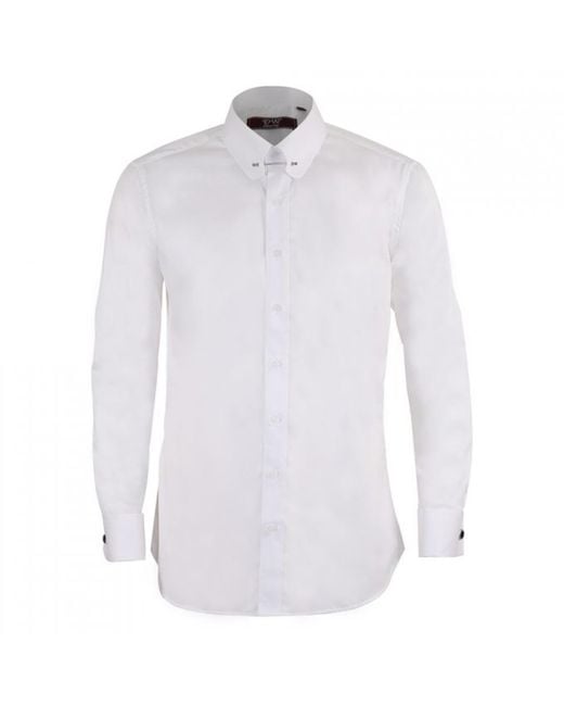 DAVID WEJ Blue Pin Collar Double Cuff Fine Herringbone Shirt – for men
