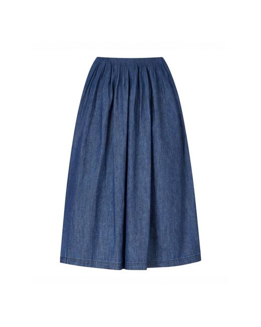 Yumi' Blue Denim Chambray Gathered Midi Skirt