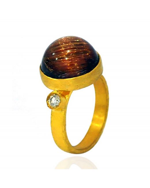 Artisan Orange Natural Rutilated Quartz Vintage Ring 18k Yellow Gold