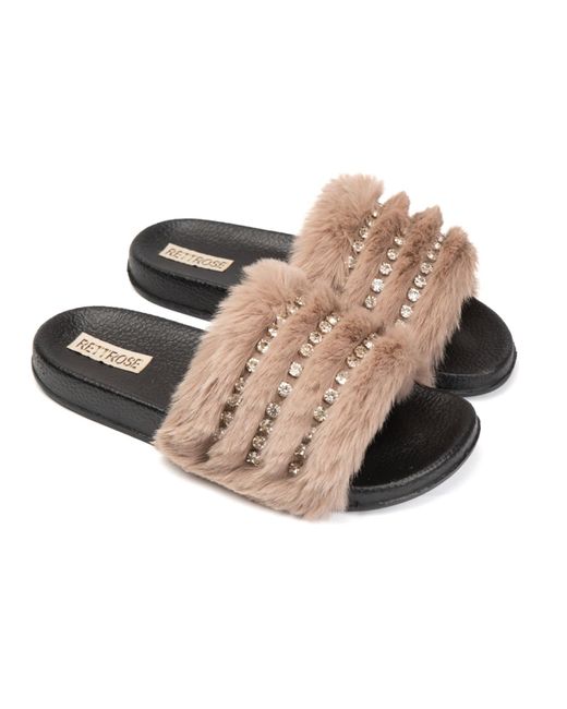 Rettrose Multicolor Anita Mink Luxury Plush Diamanté Embellished Handmade Sliders
