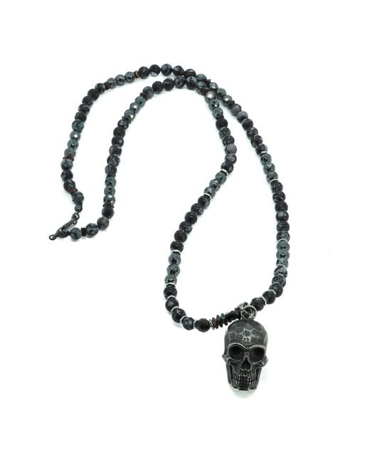 Ebru Jewelry Metallic Fearless Soul Obsidian & Skull Beaded Necklace for men