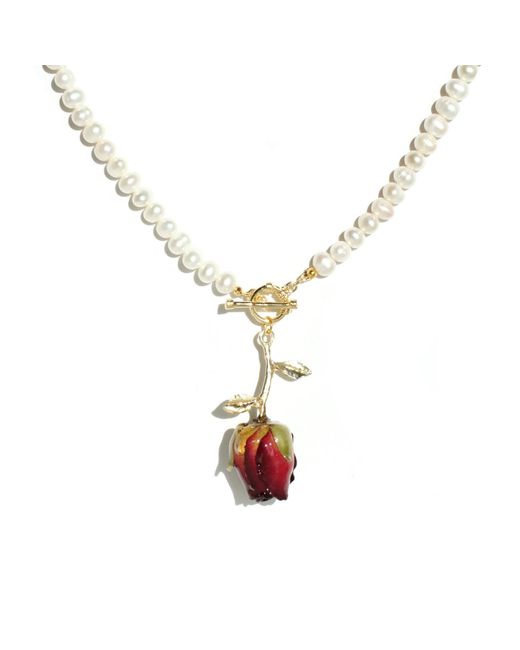 I'MMANY LONDON Metallic Real Flower Grande Amore Freshwater Pearl Choker Necklace With Rosebud Pendant