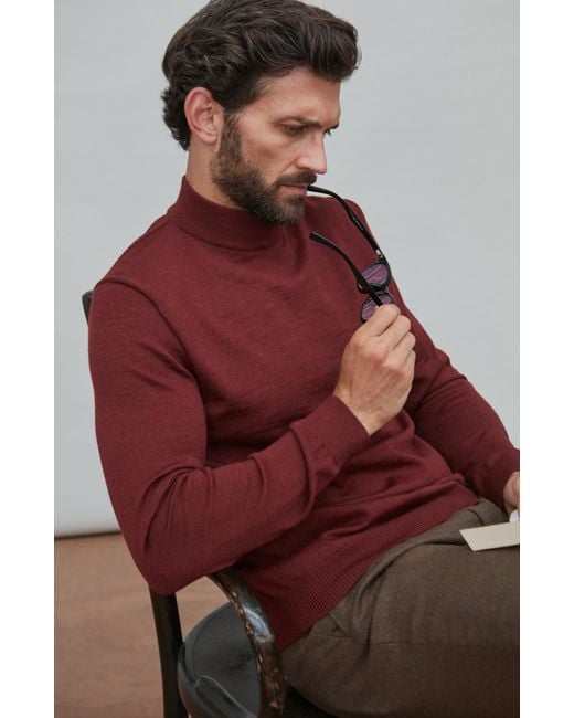 Paul James Knitwear Red Extra Fine Merino Wool Mock Turtleneck Shaw Jumper for men