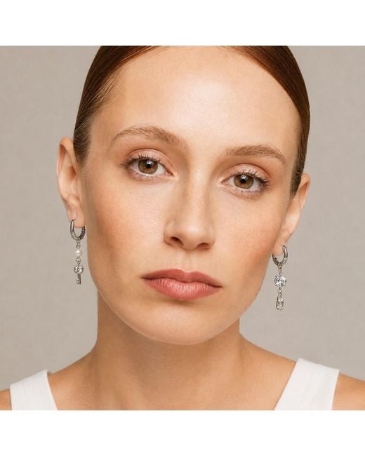 Kirei Metallic Keycode Earrings – Asymmetrical Hoop Earrings With Shell Pearl, Cubic Zirconia & Safety Pin Charms