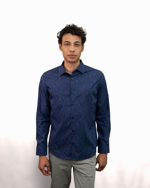 Lords of Harlech Blue Paisley Cotton Stretch Button-Down Shirt for men