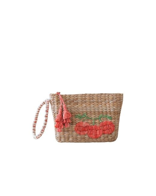 LIKHÂ Red Neutrals Handwoven Seagrass Tomato Wristlet Pouch With Tassels