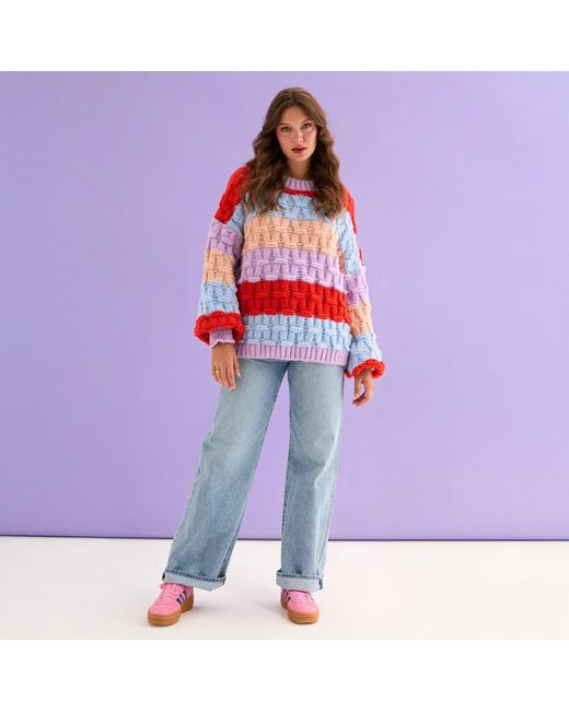 Cara & The Sky Red Mandy Criss-Cross Stitch Balloon Sleeve Stripe Jumper