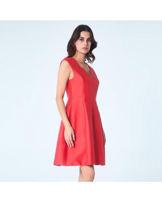 Smart and Joy Red Fit-and-Flare Satin V-Neck Dress