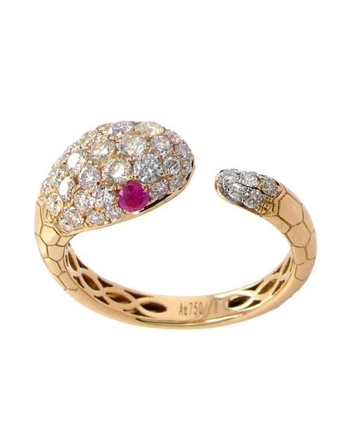 Artisan Metallic 18K Diamond Snake Bypass Ring With Ruby Eye