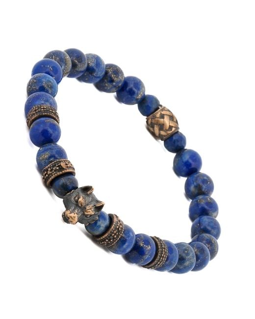 Ebru Jewelry Blue Lapis Lazuli Stone Powerful Wolf Courage Beaded Bracelet for men