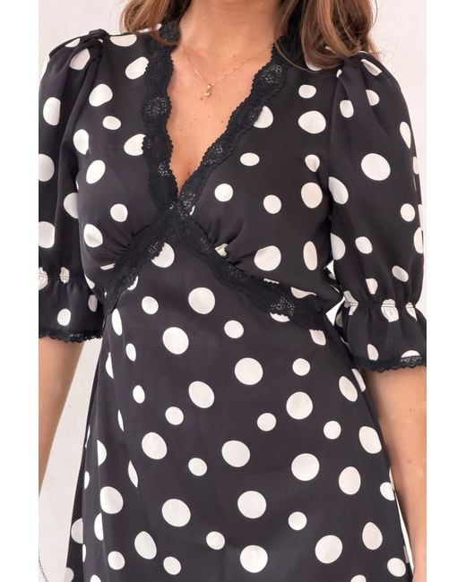 Girl In Mind Black Sharon V-Neck Puff Sleeve Polka Midi Dress