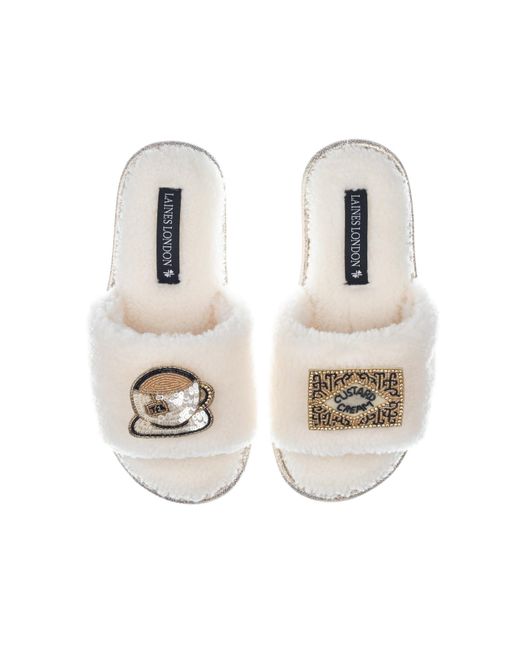 Laines London Metallic Teddy Towelling Slipper Sliders With Tea & Biscuit Brooches