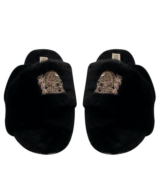 Rettrose Black Ember Luxury Plush Diamanté Embellished Handmade Slipper