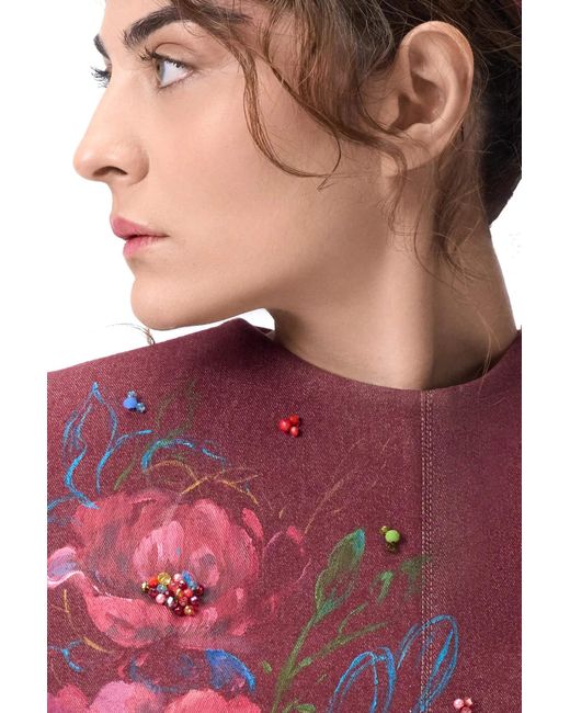 Rondooz Red Hand Painted Denim Peplum Top With Hand Applied Embellishment