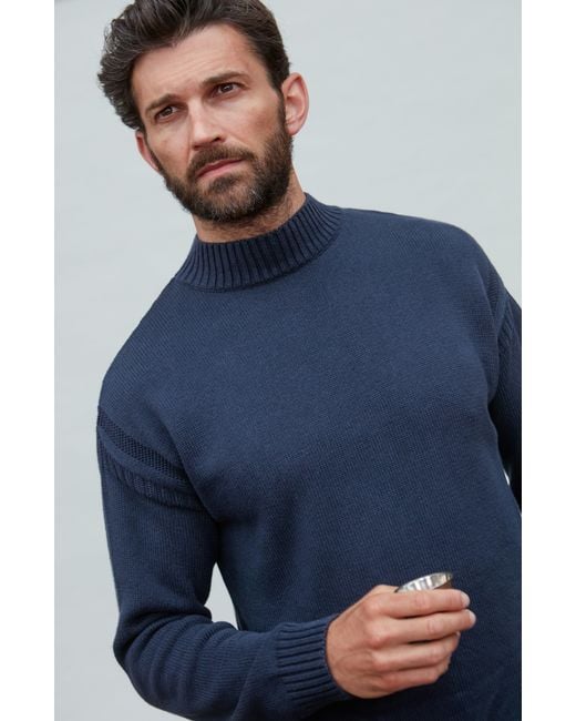 Paul James Knitwear Blue Midweight Cotton Linen Sark Mock Neck Gansey Jumper for men