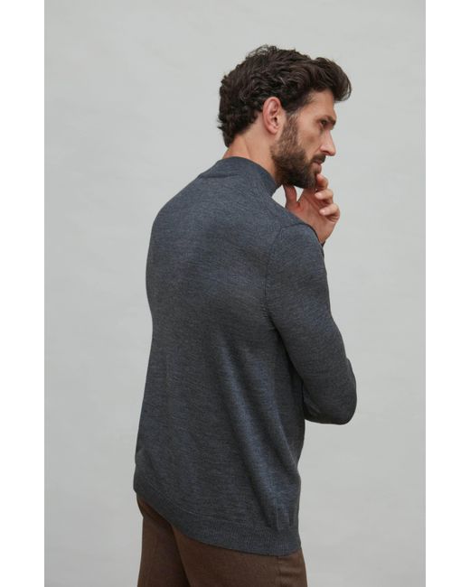 Paul James Knitwear Blue Extra Fine Merino Wool Mock Turtleneck Shaw Jumper for men
