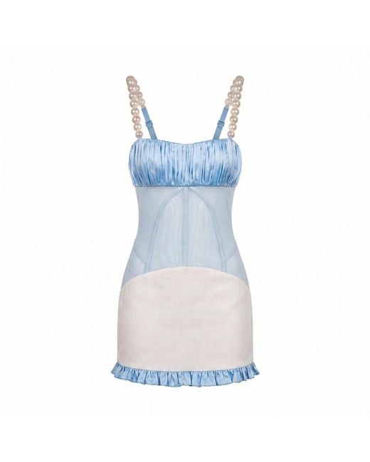 Clerestory Blue Luscia Pearl Strap Mesh-Waist Linen Mini