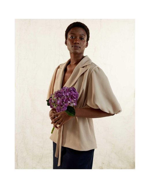 Femponiq Natural Draped Puff Sleeve Tailored Blouse