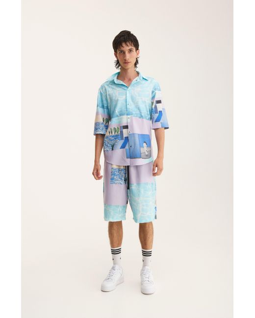 mysimplicated Blue Short Sleeve Shirt And Bermuda Set With Water Design for men