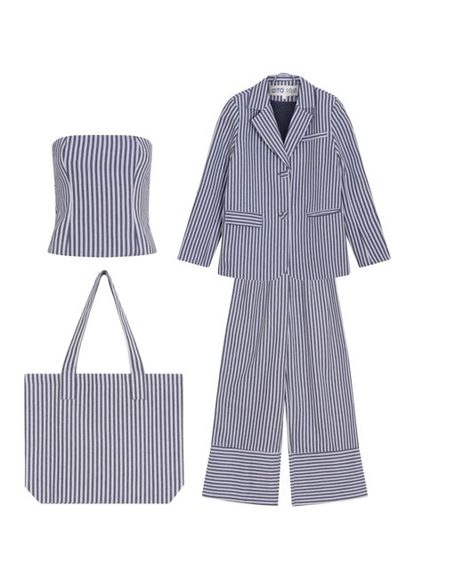 London Atelier Byproduct Blue Striped Blazer Trousers Corset And Tote Bag Four Piece Set