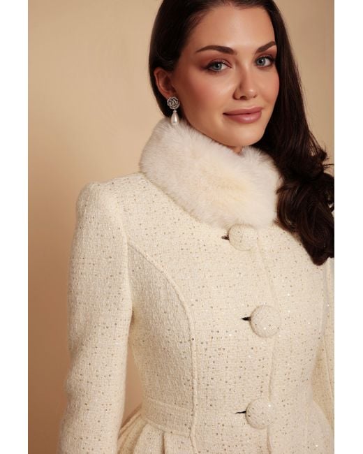 Santinni Natural Starlet Wool Tweed Dress Coat With Faux Fur