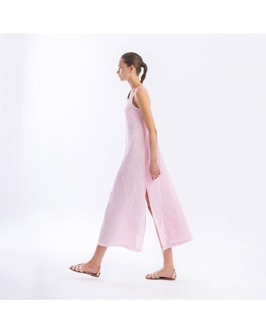 Haris Cotton Pink Maxi Striped Linen Dress With Straps And Slits