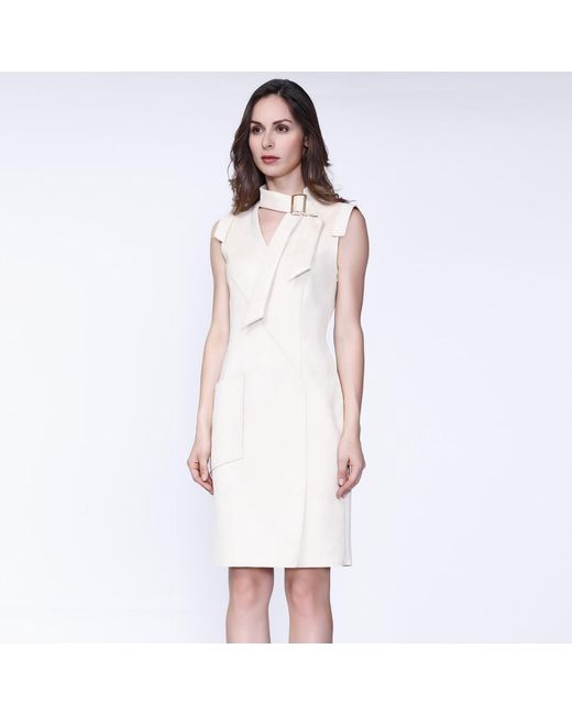 Smart and Joy Natural V-neck Structured Cut Suede Dress