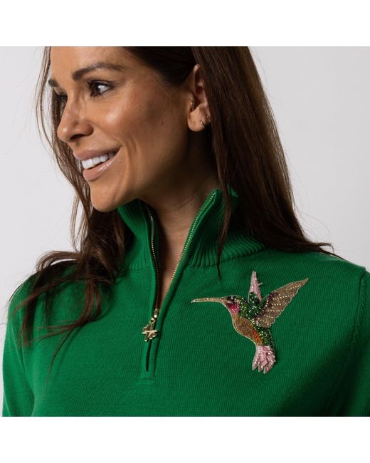 Laines London Green Laines Couture Quarter Zip Jumper With Embellished Hummingbird