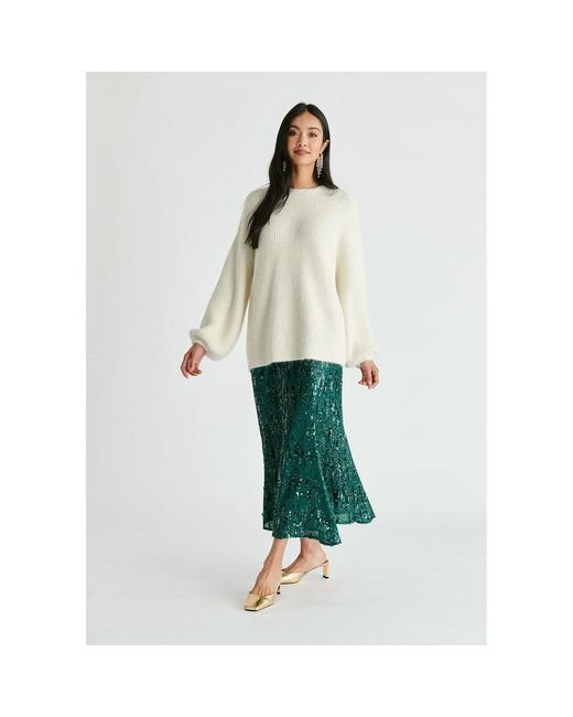 Paisie White Balloon Sleeves Jumper With Cable Details