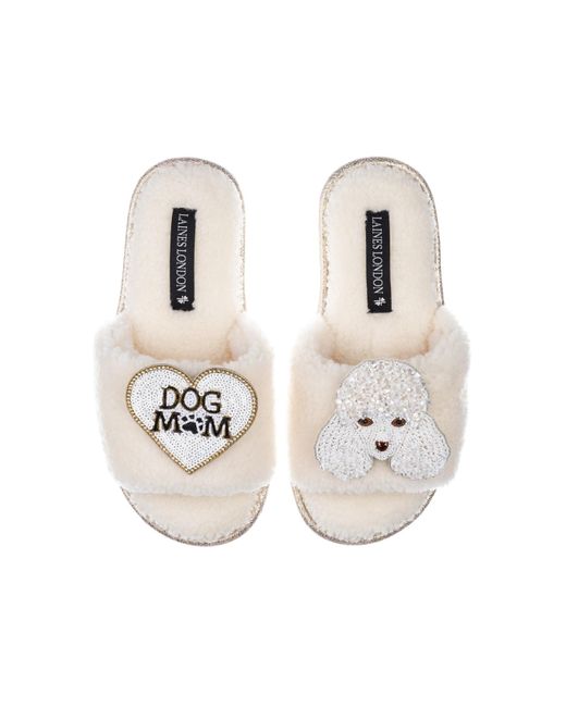 Laines London Metallic Teddy Towelling Slipper Sliders With Pearl The Poodle & Dog Mum / Mom Brooches