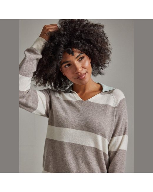 Salts Cashmere Gray Split Neck Polo Stripe Sweater
