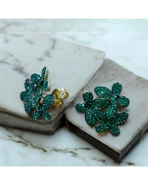 Latelita London Flowers Large Stud Earrings Gold Emerald Green
