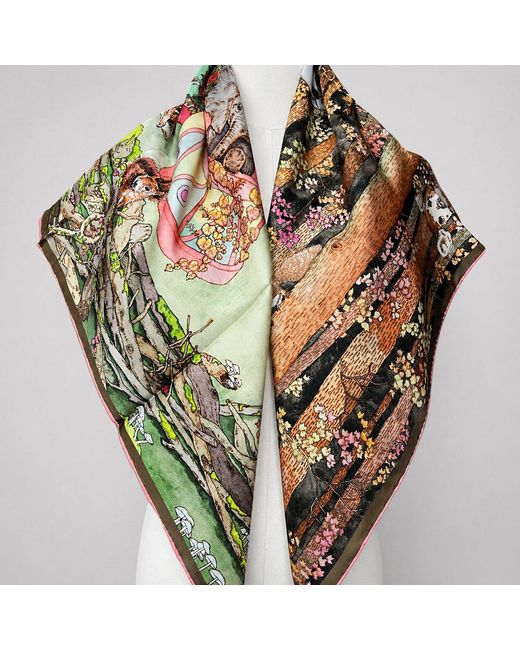 Wenzi Multicolor Neutrals The Forest Circus Hand Painted Mulberry Silk Square Scarf