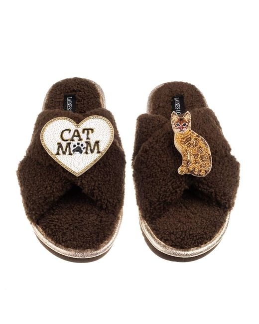 Laines London Brown Boucle Slippers With Cat Mum/Mom & Bengal Cat Brooches