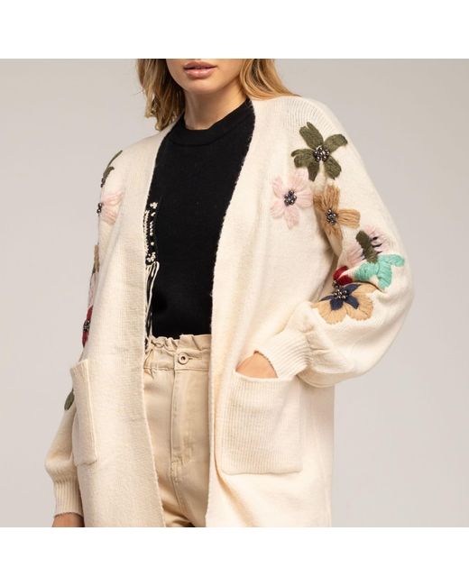 Tantra Spain Sl Natural Neutrals Long Knit Jacket With Embroidered Flowers On The Sleeves And Front Pockets
