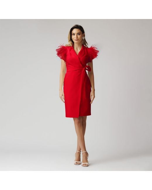 concept A trois Red Short Wrap Blazer Dress With Winged Tulle Sleeves