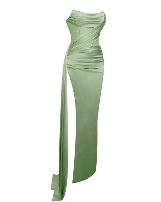 Miss Circle New York Green Holly Basil Crystallized Corset High Slit Satin Gown